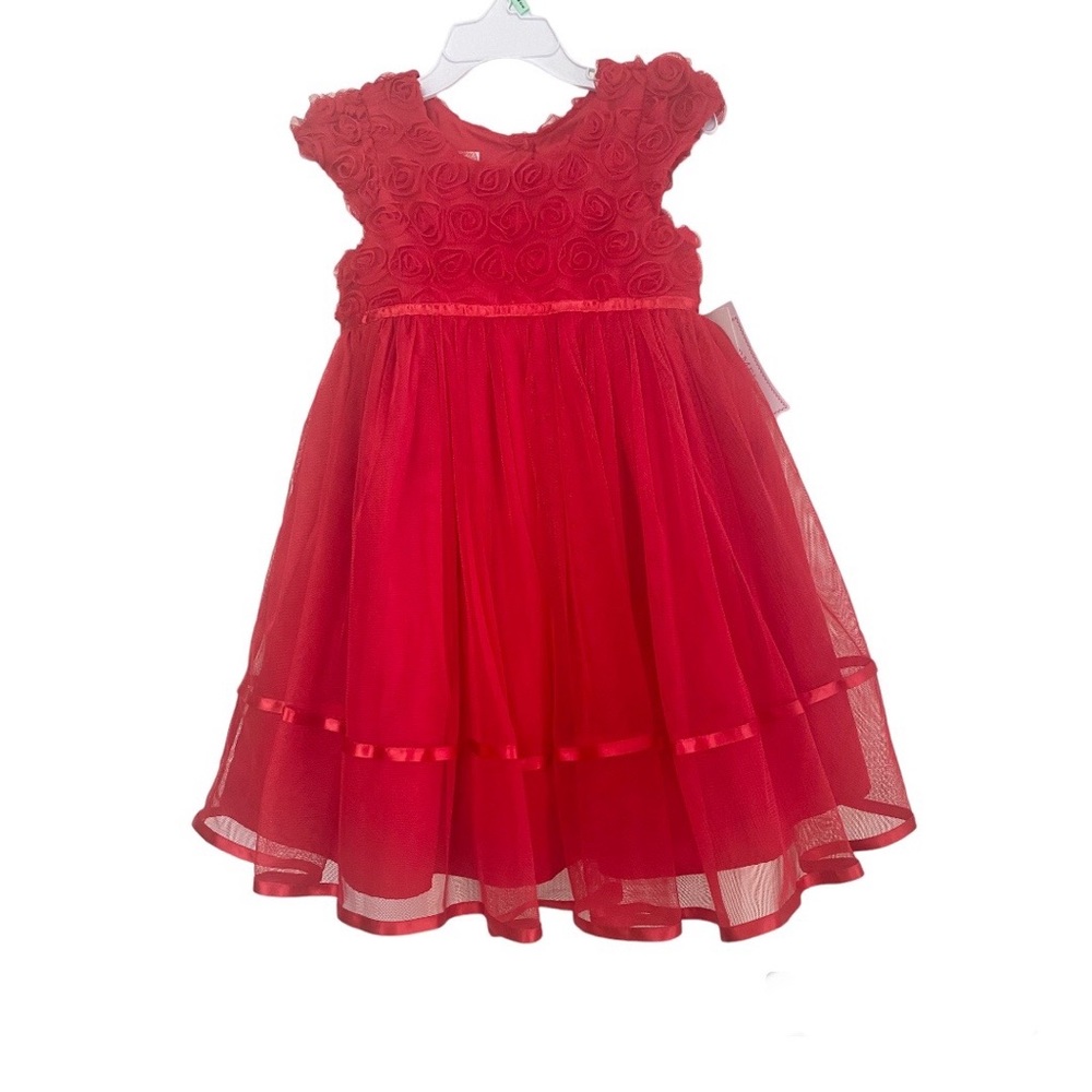 Marmellata Toddler Girls Red Rosette Party & Holiday Dress Tulle Overskirt 3T